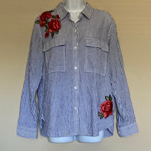 Rails Medium Frances Button Up Banker Stripe Floral Patches Blouse Embroidered - Picture 15 of 16